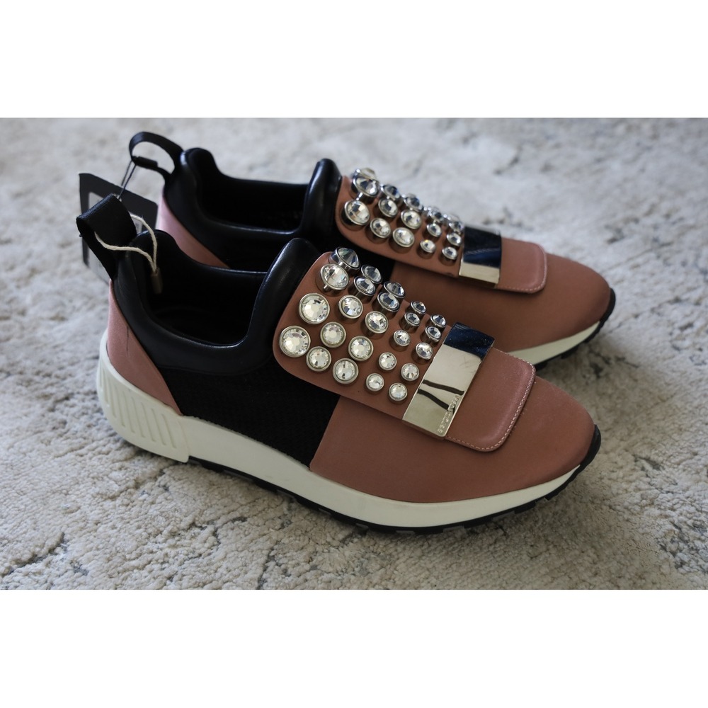 Sergio Rossi Embellished Slip On Sneakers Rose Gold Black Mesh Womenβ Luxury